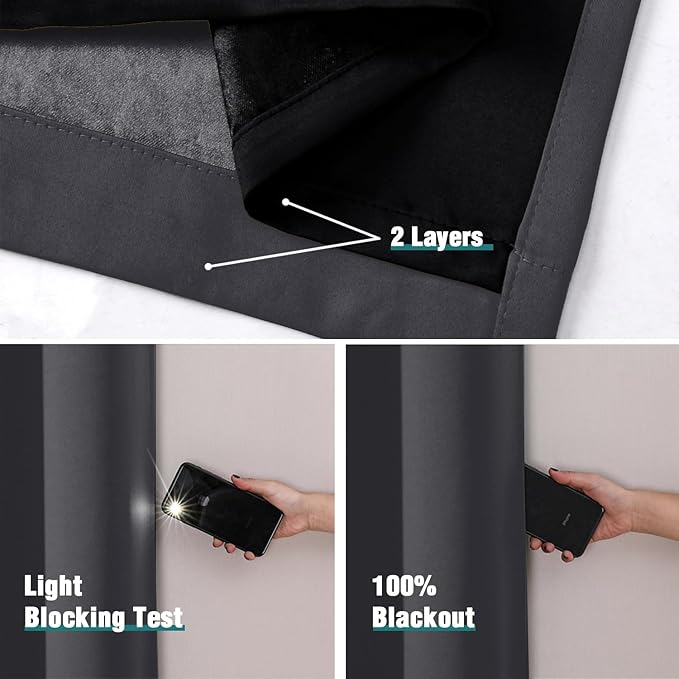 ChrisDowa 100% Blackout Curtains 108 inch Long for Bedroom with Black Liner, 2 Thick Layers Total Blackout Thermal Insulated Grommet Window Curtains 2 Panels Set (Dark Grey, 52 x 108 Inch)