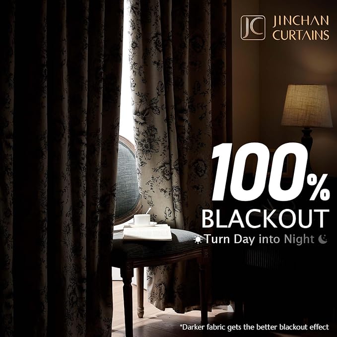 jinchan Blackout Floral Curtains for Living Room Bedroom Linen Blend Curtain Farmhouse Black Printed with Lined Back Tab Rod Pocket Drapes Window Treatments 2 Panels 96 Inch