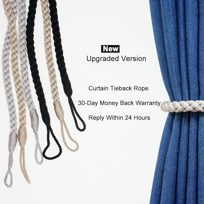 Curtain Tiebacks Ropes, 2pcs Decorative Handmade Tie Backs Curtain Holdbacks Holders Cord for Window Sheer Drapes Indoor Outdoor, Grey