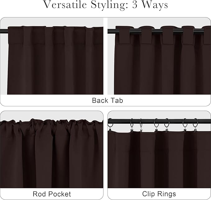 Pony Dance Short Length Curtains for Kitchen, Solid Half Window Curtain Tiers for Bathroom Energy Saving Privacy Shade for RV Camper (2 Panels,Brown, 34x36 Inch)