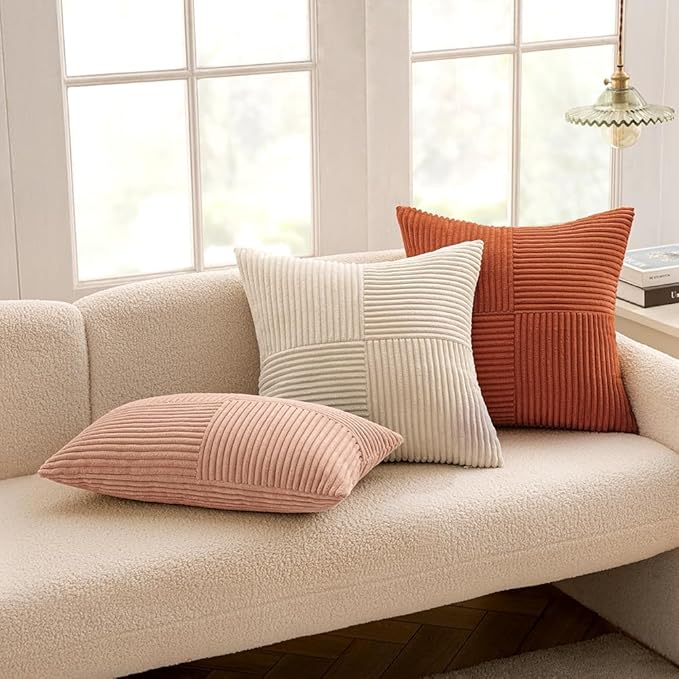 MIULEE Rust Decorative Throw Pillow Covers 18x18 Inch for Couch Bed Sofa Pack of 2 Boho Farmhouse Throw Pillows Soft Cross Corduroy Patchwork Textured Cushion Cases