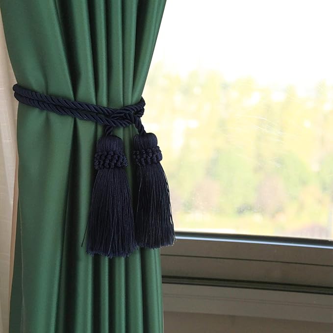 Fenghuangwu Curtain Tiebacks Handmade Decorative Curtain Holdbacks Rope with Tassel (Navy, 4P)