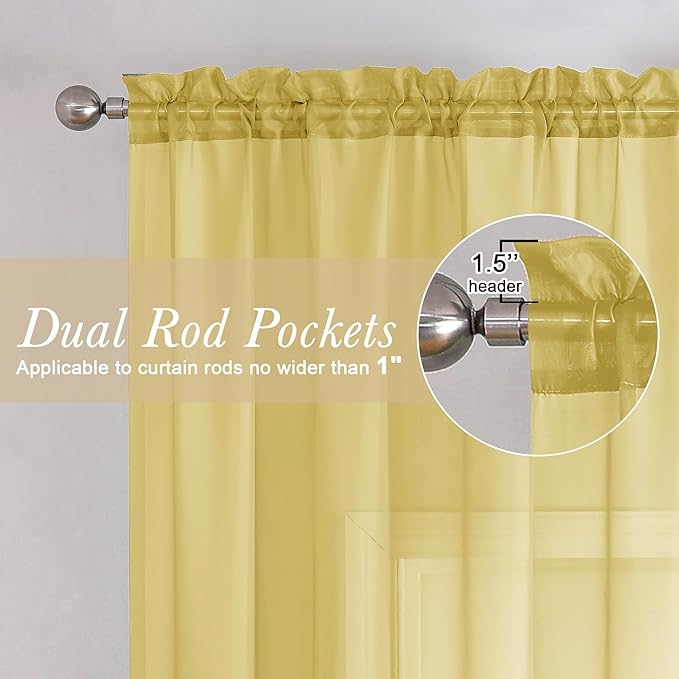 Lecloud Yellow Sheer Curtains 63 Inch Length 2 Panels, Light Filtering Voile Curtain Drapes for Bedroom Basement, Dual Rod Pocket Living Room Elegant Window Treatments, 40" W x 63" L