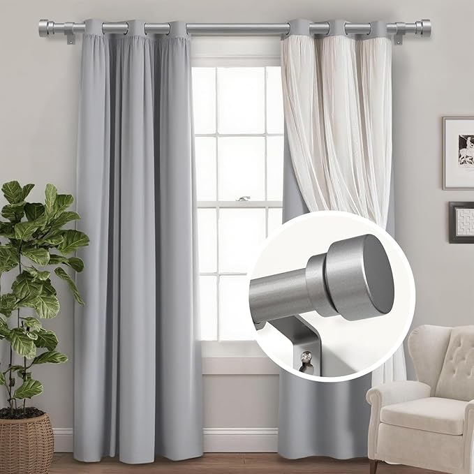 Lootkell Modern Silver Curtain Rods for Windows 48 to 84 Inches Adjustable Length Heavy Duty 1" Diameter Window Curtain Rod with Decorative Finials for Outdoor Bedroom Kitchen Living Room