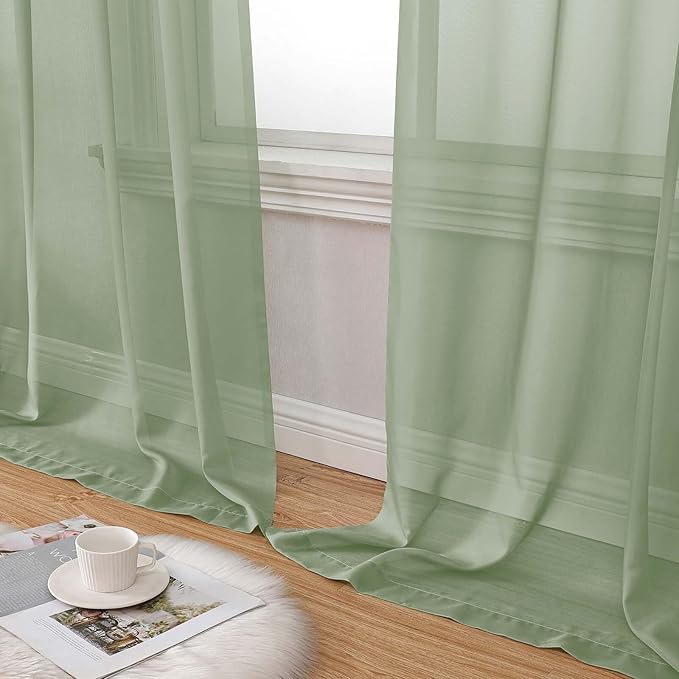 Sage Green Sheer Curtain for Bedroom Living Room 72 Inches Long 2 Panels Set, Solid Soft Light Filtering Sheer Window Curtains, Modern Rod Pocket Door Curtain, Sage Green, 42" Wx72 L Inches