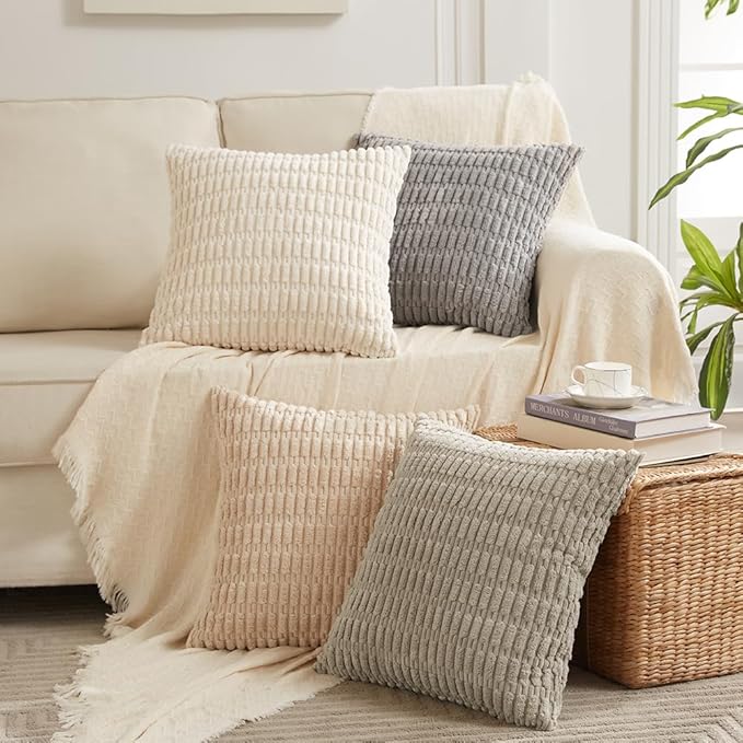 Fancy Homi 4 Packs Beige Decorative Throw Pillow Covers 20x20 Inch for Living Room Couch Bed Sofa, Tan Rustic Farmhouse Boho Home Decor, Soft Plush Striped Corduroy Square Cushion Case 50x50 cm