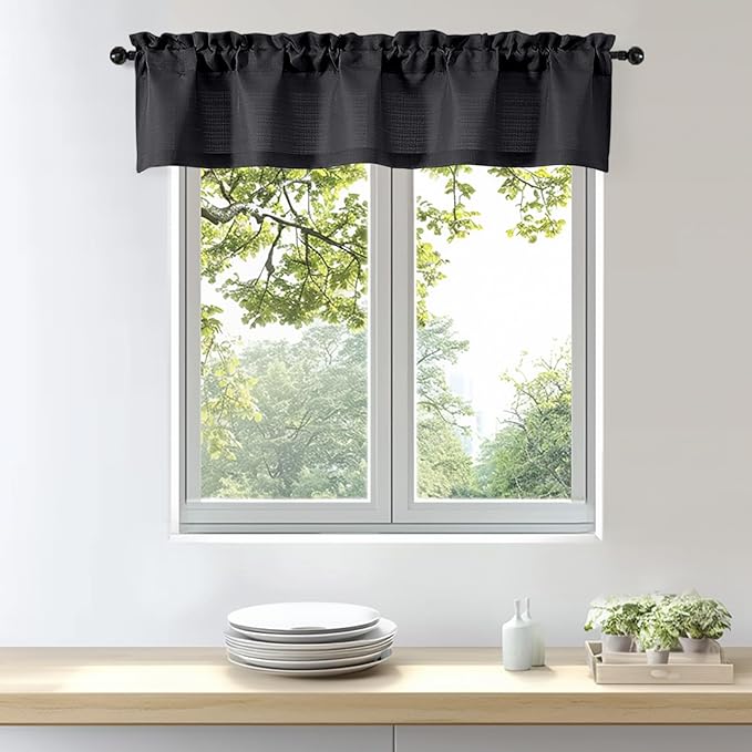 OWENIE Bob 1 PCS Black Valances for Windows, Faux Linen Textured Kitchen Window Curtains Valance for Bedroom Living Room, Modern Soft Airy Solid Rod Pocket Bathroom Cafe Curtain, 60Wx12L Inch