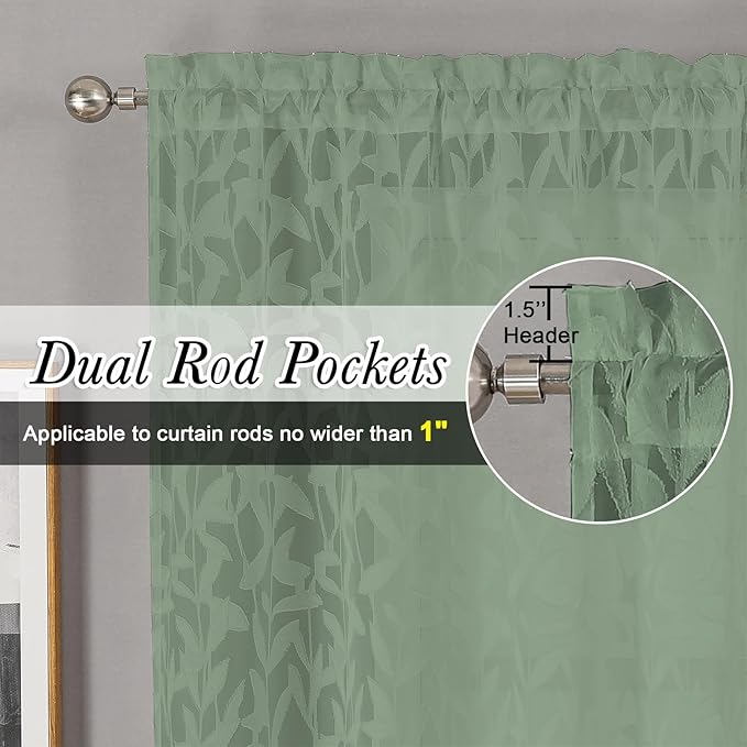Lecloud Leia Living Room Sheer Curtains 84 Inches Long 2 Panels, Sage Green Leaves Jacquard Clip Voile Curtains with Dual Rod Pocket, Farmhouse Gauzy Curtain Drapes for Bedroom French Door, 38x84 Inch