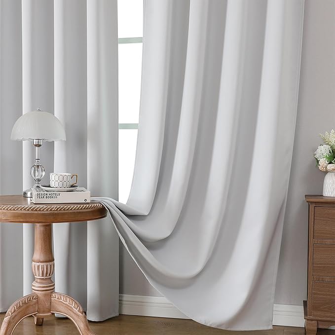 CUCRAF Blackout Curtains Room Darkening Window Curtain Panels, Rod Pocket Thermal Insulated Solid Drapes for Bedroom Living Room, Set of 2 Panels. 52 x 45 inch, Graywish White