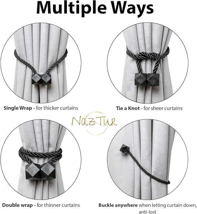 NazTur Magnetic Curtain Tiebacks- Upgrade 2022 with a Thicker Twist Rope & Strong Magnet Tieback Window Treatment Holdbacks Draperies Holders Decorative Drape Handmade Tie Back (Black, 2)