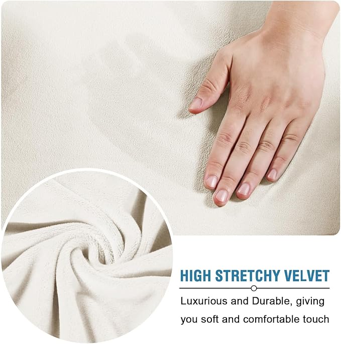 H.VERSAILTEX Modern Velvet Plush 4 Piece High Stretch Sofa Slipcover Sofa Cover Furniture Protector Form Fit Thick Velvet Sofa Cover for 3 Cushion Couch Width Up to 90 Inch (Sofa, Porcelain White)