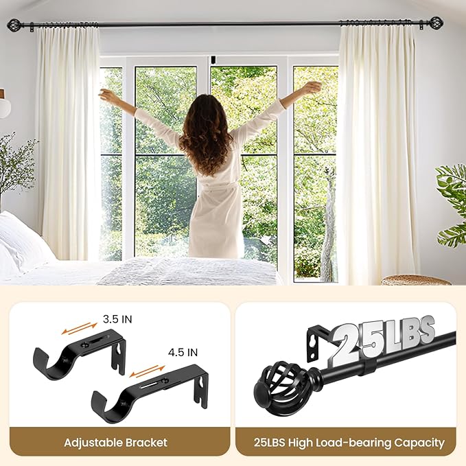 Luvenia Black Decorative Curtain Rod,Adjustable Curtain Rods For Windows 30 to 60 Inch(2.5-5Ft),Curtain Rod For Bedroom, Living Room,Kitchen,Farmhouse