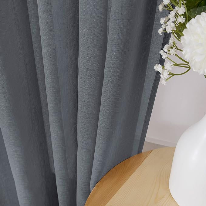 Tollpiz Short Sheer Curtains Linen Textured Living Room Curtain Sheers Light Filtering Rod Pocket Voile Curtains for Bedroom, 42 x 45 inches Long, Dark Grey, Set of 2 Panels
