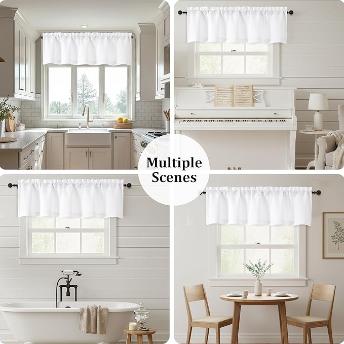OWENIE White Valances for Windows 1 Pcs, Light Filtering Textured Farmhouse Short Small Valance Curtains for Bathroom Basement Living Room Bedroom, Rod Pocket Half Curtains Over Sink, 52Wx14L Inch