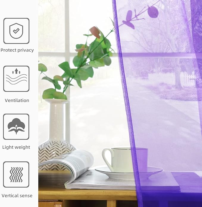 youleyar Solid Sheer Rod Pocket Curtain Voile Draperies 2 Panels White Beige Black Grey Coffee 52 Inch Width 72 Inch Long 1 Pair for Kitchen Bedroom Children Living Room Yard (Purple,52Wｘ72L)