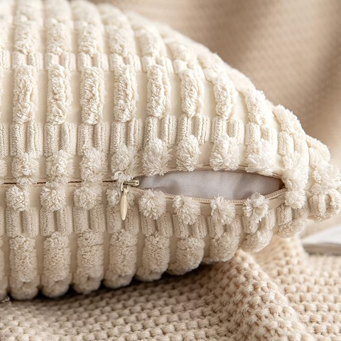 MIULEE Pack of 2 Corduroy Decorative Euro Sham Throw Pillow Covers 22x22 Inch Soft Boho Striped Pillow Covers Modern Farmhouse Home Decor for Sofa Living Room Couch Bed Cream White