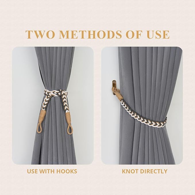 NICEEC 2 Pack Natural Cotton Rope Curtain Tiebacks Elegant Boho Style Decorative Drape Tie Backs Soft Hand-Woven Rope Curtain Holdbacks with Metal Hook for Home & Office Drapery (Grey & Beige)