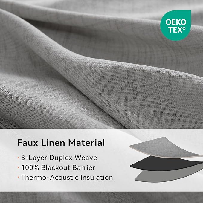 100% Blackout Shield Linen Blackout Curtains for Bedroom, Grey Grommet Curtains for Living Room, Thermal Insulated Room Darkening Drapes for Nursery, Boho Home Decor, 50" W x 90" L, 2 Panels