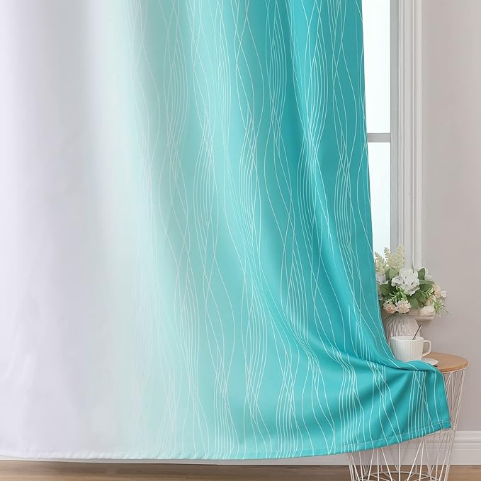 Estelar Textiler Teal and Greyish White Room Darkening Blackout Curtains 84 Inches Long for Living Room, Thermal Insulated Ombre Light Blocking Grommet Blackout Drapes for Bedroom, 42Wx84L, 2 Panels