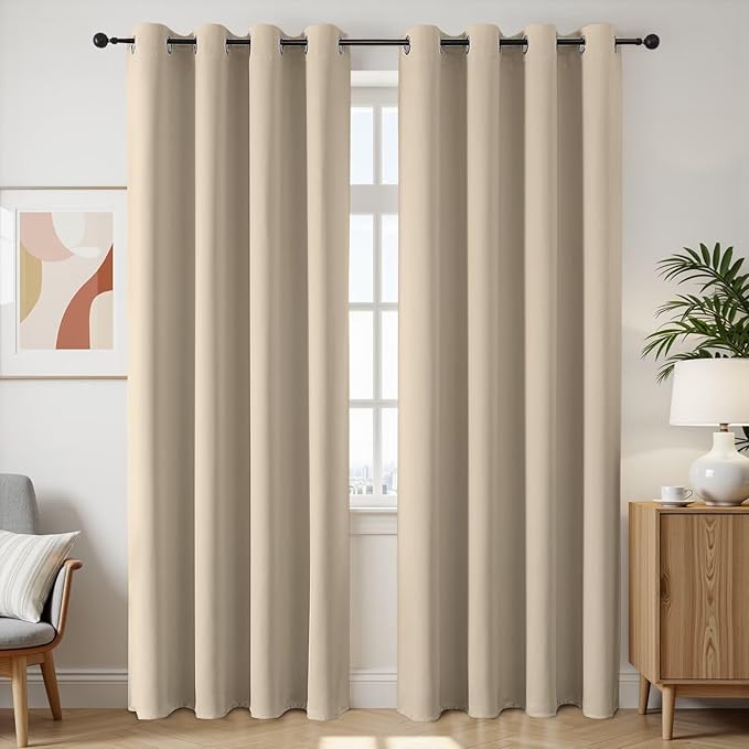 Joydeco Blackout Curtains 90 Inch Length 2 Panels Set, Thermal Insulated Long Curtains& Drapes 2 Burg, Room Darkening Grommet Drapes for Bedroom Living Room Window (Light Beige, W52 x L90 Inch)
