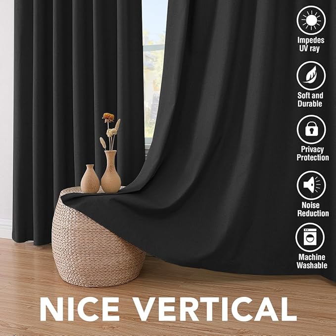 H.VERSAILTEX 100% Blackout Curtains for Bedroom Thermal Insulated Linen Textured Curtains Heat and Full Light Blocking Drapes Living Room Curtains 2 Panel Sets, Black, 52x54 Inch