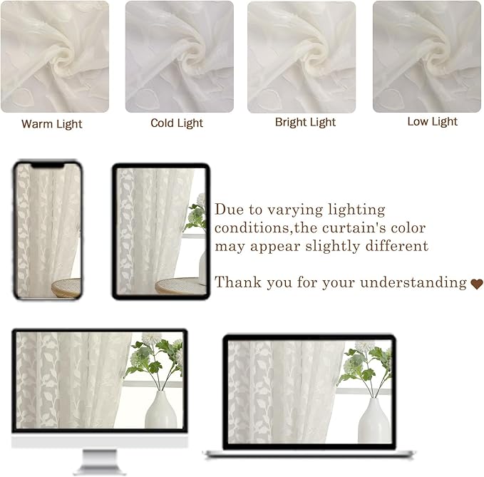 Chyhomenyc Ivory Short Curtains 45 Inch Length 2 Panels, Light Filtering Leaf Textured Window Curtain Panels for Bedroom Living Room, Elegant Rod Pocket Farmhouse Curtains, 30" Wx45 L, 2 PCS