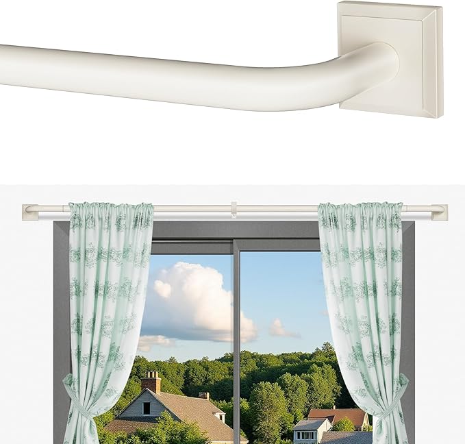Beige White Curtain Rods for Windows 66-120Inch(5.5-10ft) Heavy Duty French Return Rod, Wrap Around Blackout Curtain Rods, Long Adjustable Room Darkening Drapery Rod for Bedroom, Living Room Outdoor