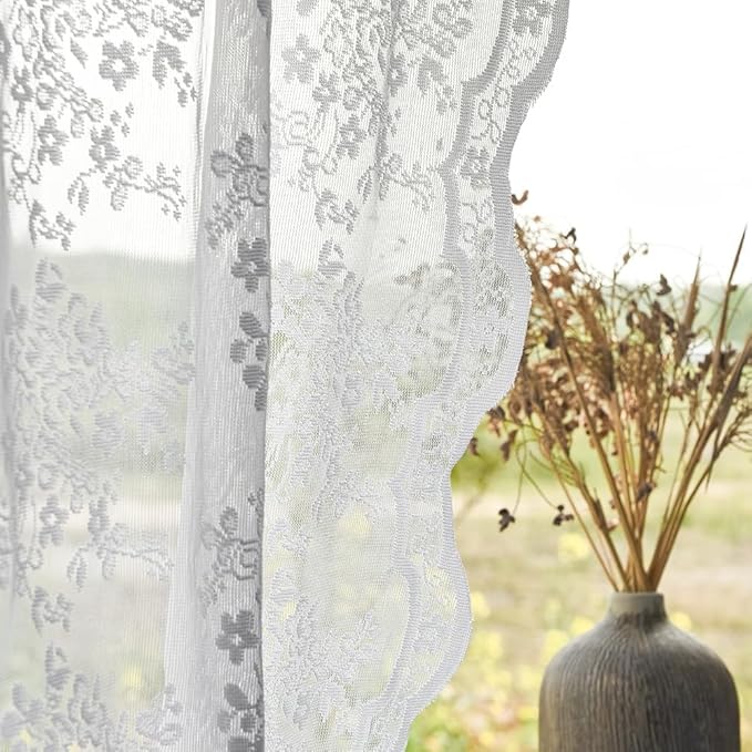 YJ YANJUN Vintage Lace Curtains 80 Inch Length for Doorway -Victorian Floral Pattern White Sheer Curtain Panels for Living Room Bedroom,Light Filtering, Country Cottage Core Drapes 2 Panels 52W x 80L