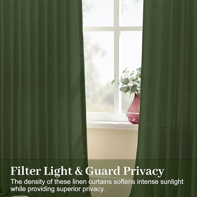 IVAPUPU Pinch Pleated Curtains 90 Inch Length 2 Panels for Living Room, Light Filtering Linen Blend Semi Sheer Pleated Curtain with Rings Modern Back Tab Drapes for Bedroom Office, 40x90, Olive Green