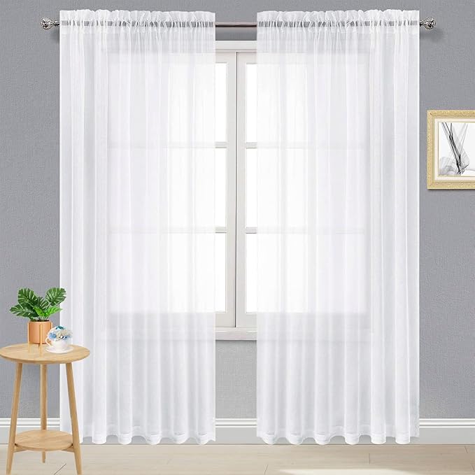 DWCN White Sheer Curtains 96 inch Length 2 Panels Set, Elegant Rod Pocket Solid Color Window Treatments, Home Decor Voile Sheer Drapes with Light Through for Bedroom/Living Room, 2pcs, Each W70 x L96