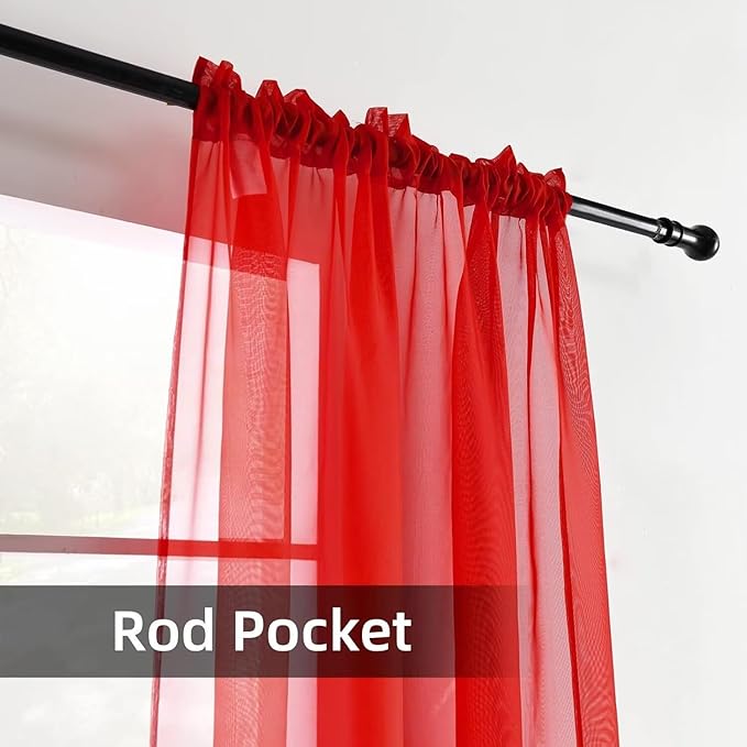 youleyar Solid Sheer Rod Pocket Curtain Voile Draperies 2 Panels White Beige Black Red Coffee 70 Inch Width 84 Inch Long 1 Pair for Kitchen Bedroom Children Living Room Yard(Red,70Wｘ84L)