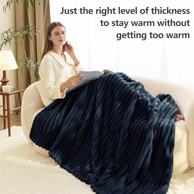 HIMEET Navy Blue Ribbed Queen Size Blanket for Bed - 300GSM Lightweight Fleece Blanket for Men Women, Large Sofa Couch Cover Bed Blankets Gifts, Striped Spring Home Room Decor, Navy Blue, 90x90 Inches