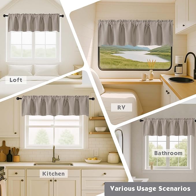 Chyhomenyc Stone Valances for Window, Room Darkening Short Curtains for Kitchen Bedroom Living Room, Rod Pocket Top Small Window Treatment Valance RV Bunk Panels, 60Wx14L, 2 Pieces