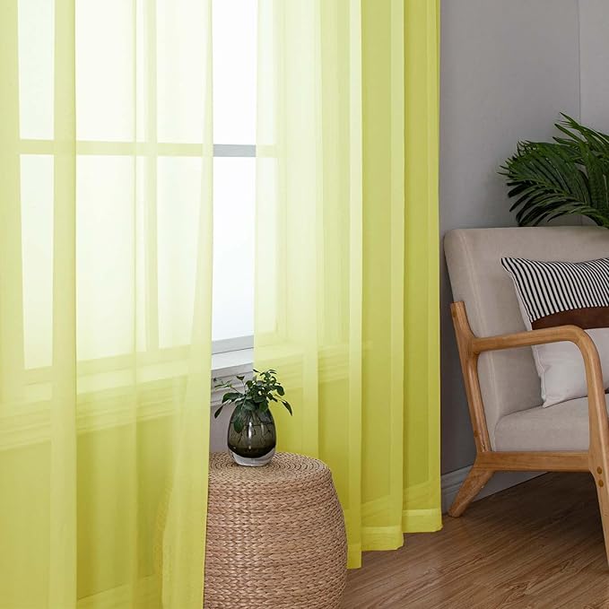 Lecloud Lemon Sheer Curtains 63 Inch Length 2 Pcs, Solid Voile Modern Window Curtains for Living Room Bedroom Dining Room, Light Filtering Rod Pocket Home Decor Drapes, Each Panel 42" W x 63" L