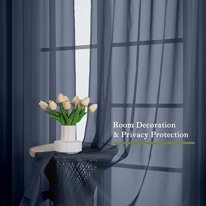Lecloud Navy Blue Sheer Curtains 96 Inches Long 2 Pcs, Light Filtering Window Curtains for Living Room Bedroom Dining Room, Vintage Home Decor Rod Pockets Privacy Drapes, Each Panel 59" W x 96" L