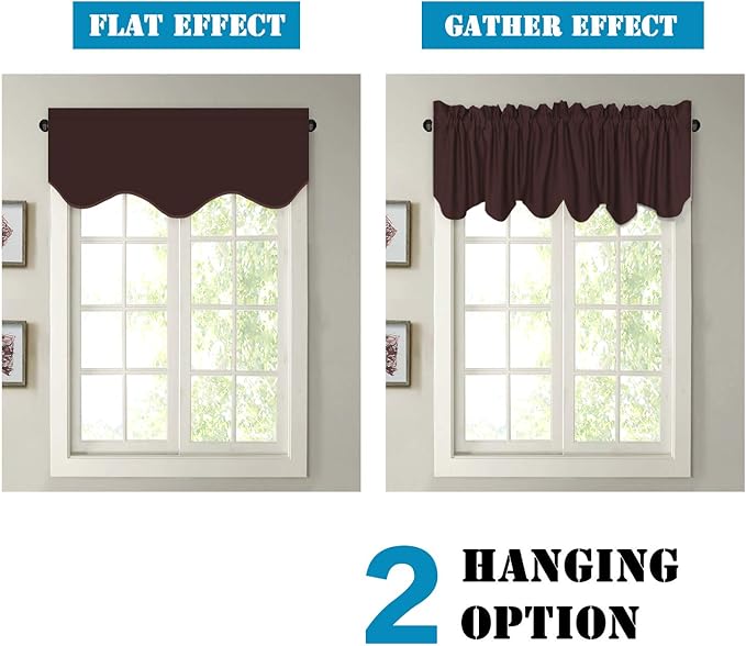 H.VERSAILTEX 2 Panels Blackout Curtain Valances for Kitchen Windows/Living Room/Bathroom Privacy Protection Rod Pocket Decoration Scalloped Window Valance Curtains, 52" W x 18" L, Chocolate Brown