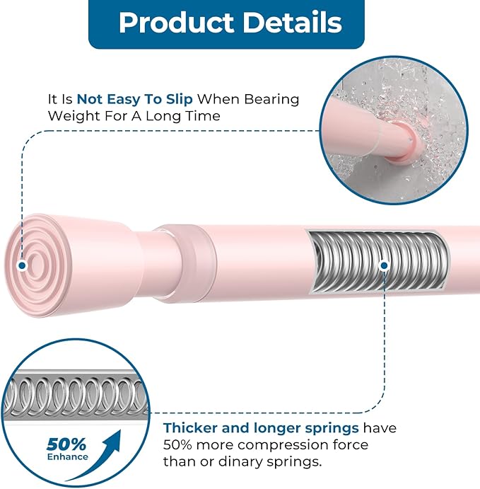 AIZESI Spring Tension Rods Adjustable Tension Curtain Rod Small Tension Rod No Drilling Expandable Spring Loaded Curtain Tension Rod（Pink,26" to 39"-1Pcs)