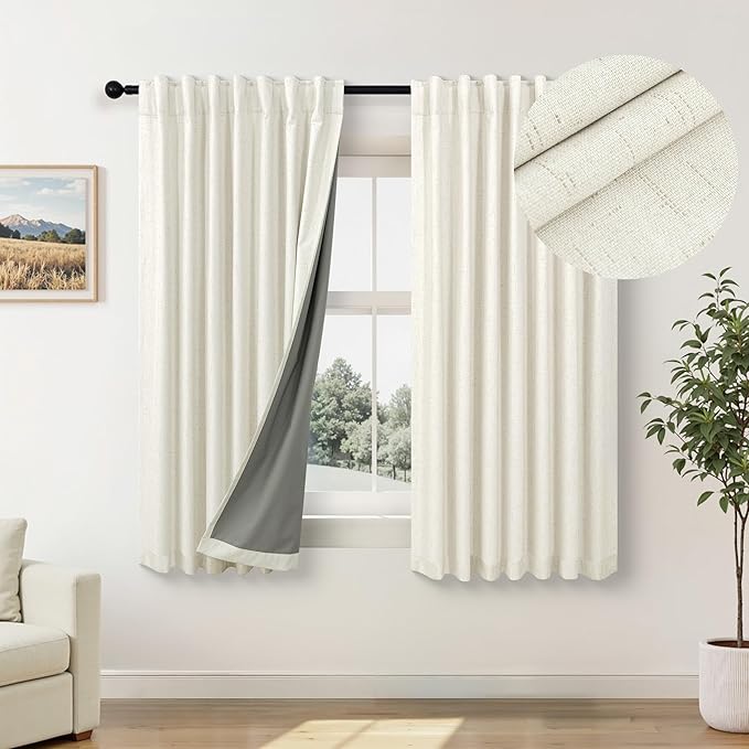 Short Blackout Curtains for Bedroom 45 Inch Length 2 Panels Faux Linen Cream Colored Cute Cottage Core Cafe Kitchen Bathroom Curtains for 42 Inch Small Window Heat Blocking Thermal Insulated Back Tab