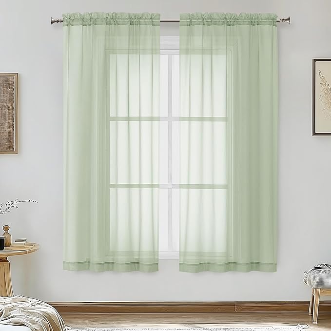 OVZME Light Green Sheer Curtains 54 Inches Long 2 Panels - Soft Light Filtering Window Sheer Panels for Living Room/Bedroom, Top Dual Rod Pocket, 1 Pair, Each 42Wx54L Inches