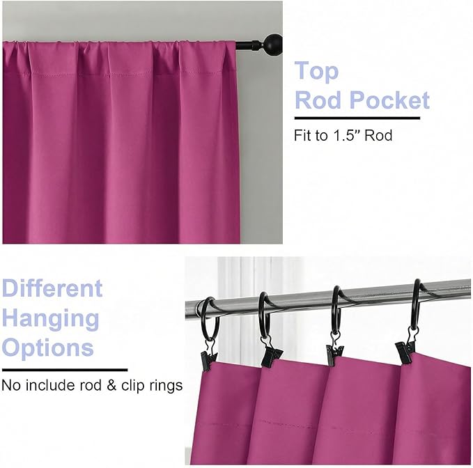 Simplebrand Ava Hot Pink Short Blackout Curtains for Bedroom 45 Inches Long 2 Panels Set, Solid Thermal Insulated, Energy Saving Window Treatment Curtains Blackout Drapes, W40 x L45 Inch