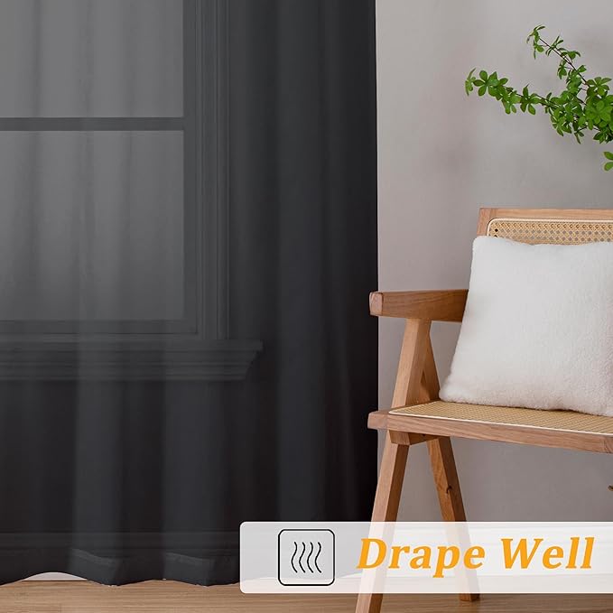 Gwine Black Sheer Curtains 90 Inches Long 2 Panels Set, Light Filtering Solid Filmy Drapes for Living Room Bedroom, Elegant Soft Rod Pocket Voile Sheer Window Curtains, 42Wx90L Inch, 2PCS, Black