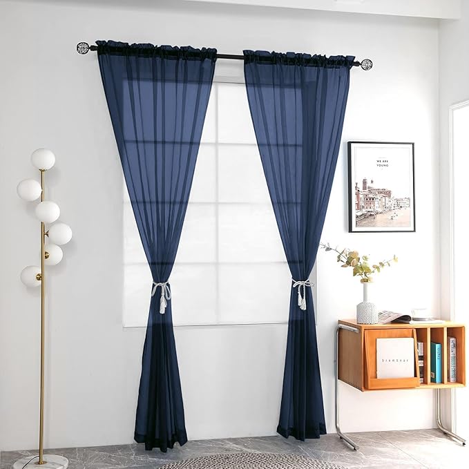 youleyar Solid Sheer Rod Pocket Curtain Voile Draperies 2 Panels White Beige Black Grey Coffee 52 Inch Width 54 Inch Long 1 Pair for Kitchen Bedroom Children Living Room Yard (Navy,52Wｘ54L)