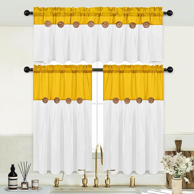 FRAMICS Farmhouse Valance Curtains, Boho Cotton Linen Kitchen Valance, Yellow Rustic Button Window Valances for Kitchen Bathroom, Rod Pocket Valances for Windows, Yellow and White, 52 x 18 Inch