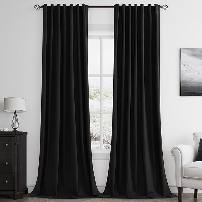 Guken Black 100% Blackout Curtains 96 Inch Length 2 Panels Set for Living Room Bedroom Back Tab Thermal Insulated Black Out Linen Drapes Room Darkening Window Curtains 96 Inches Long