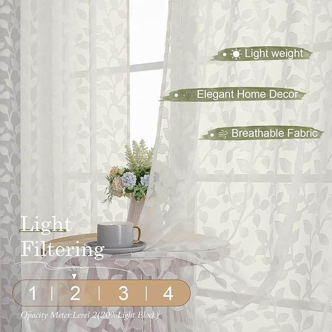 Chyhomenyc Ivory Sheer Valances for Windows 18 Inch Length 2 Pcs, Light Filtering Leaf Textured Cafe Short Kitchen Curtains, Top Small Curtain for Living Room Bedroom Basement, 42" W x 18" L