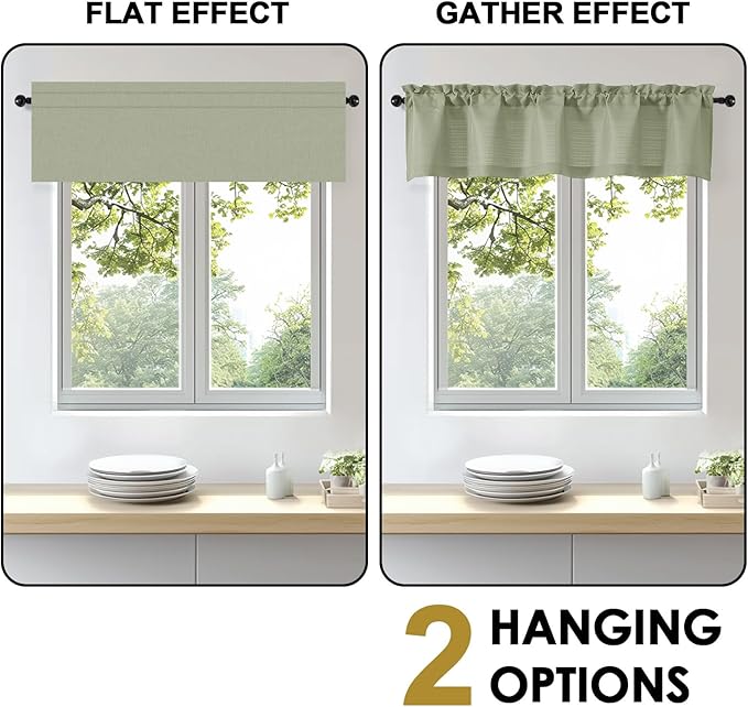 OWENIE Bob 1 PCS Green Valances for Windows, Faux Linen Textured Kitchen Window Curtains Valance for Bedroom Living Room, Modern Soft Airy Solid Rod Pocket Bathroom Cafe Curtain, 60Wx24L Inch