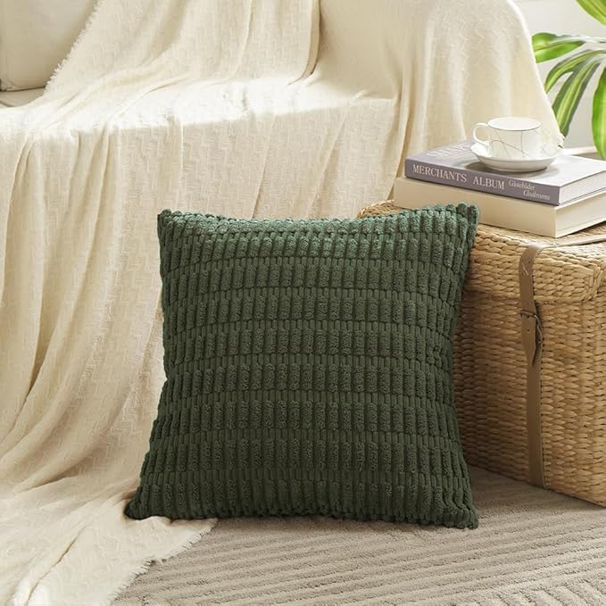 Fancy Homi 4 Packs Boho Olive Green Decorative Throw Pillow Covers 20x20 Inch for Couch Bed Sofa, Rustic Modern Farmhouse Home Decor, Soft Plush Corduroy Square Cute Cushion Case 50x50 cm
