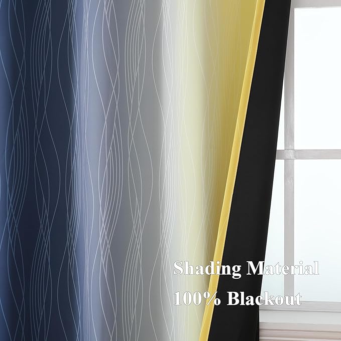 Estelar Textiler Yellow and Navy Blue Ombre Blackout Curtains for Living Room, Thermal Insulated Gradient Blackout Drapes, Full Room Darkening Energy Saving Curtains for Bedroom, 42Wx84L, 2 Panels