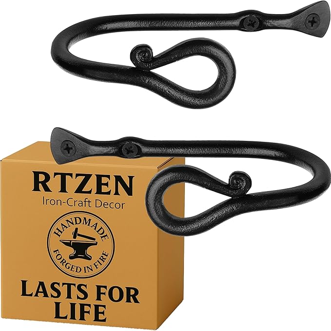 RTZEN Decorative Metal Curtain Tiebacks - Farmhouse Wrought Iron Curtain Holdbacks - Drapery Holders for Wall - Unique Metal Tie Backs for Curtains - 2 Pcs (Black Loophole)