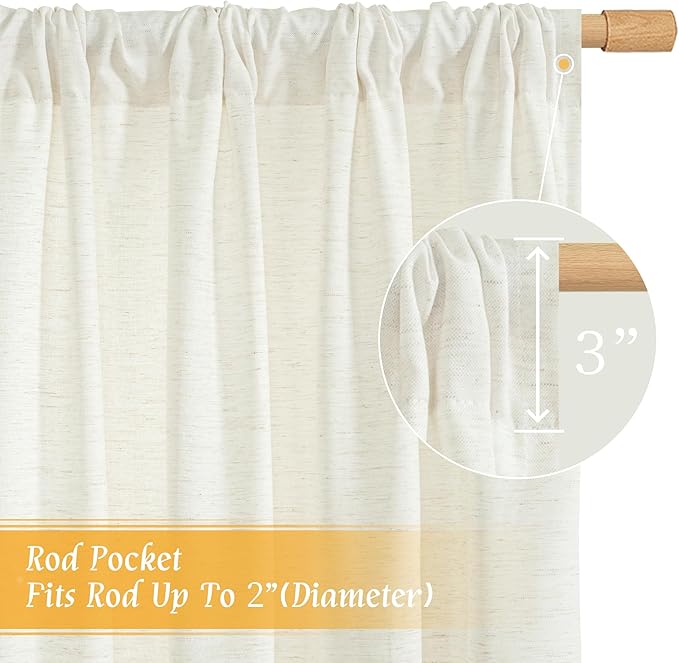 LAMIT Natural Linen Curtains 63 Inch Length for Bedroom, Light Filtering Semi Sheer Living Room Panels Farmhouse Boho Rod Pocket Privacy Drapes for Livingroom, 2 Panels (42 x 63 Inch, Cream)